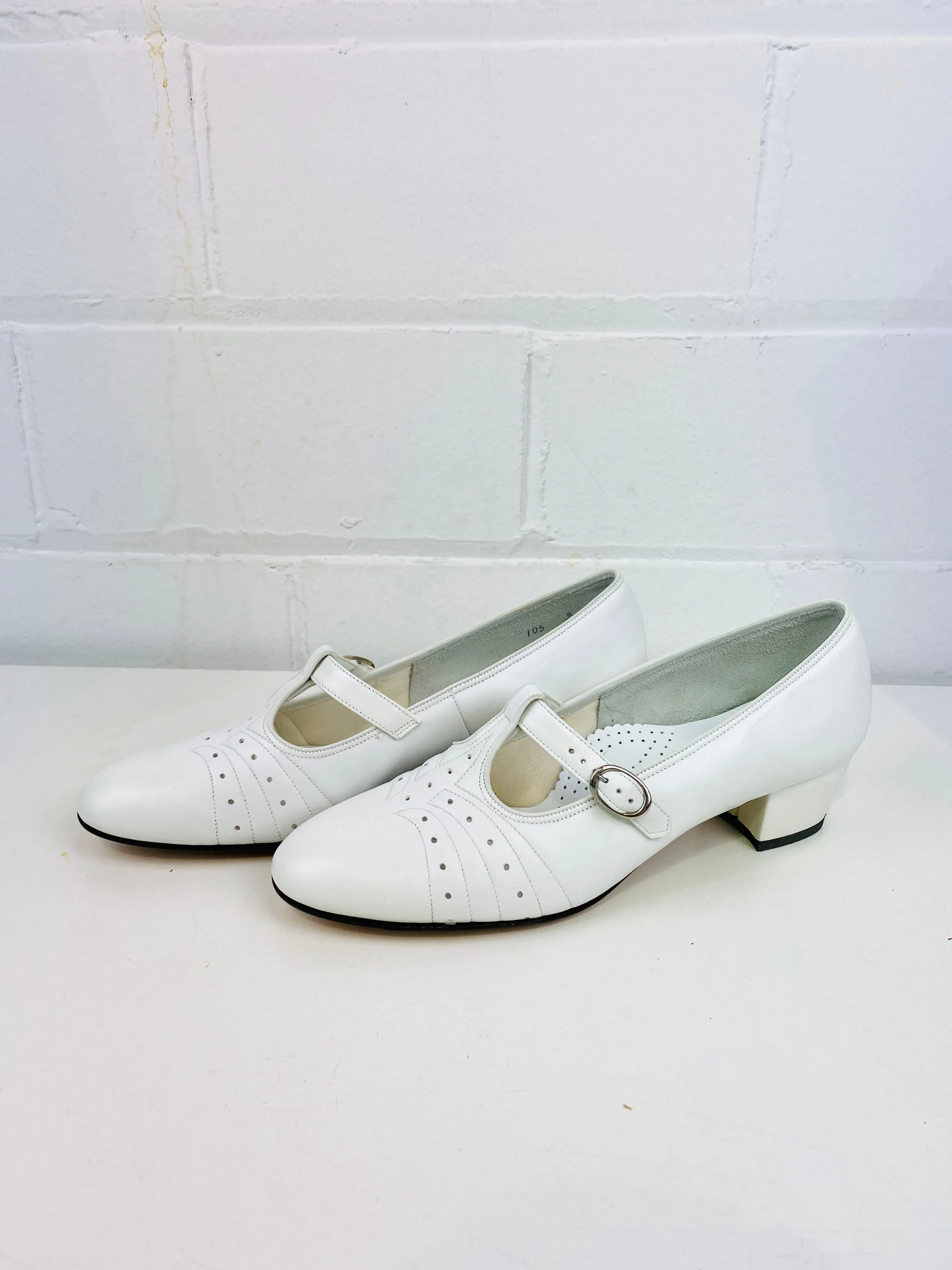 Vintage Deadstock Shoes, Women's 1980s White Leather Cuban Heel T-Strap Pumps, NOS, 8244