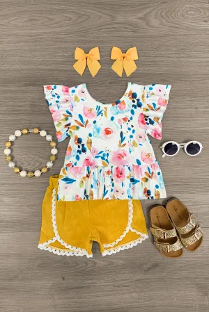 Watercolor Floral Lace Suede Short Set