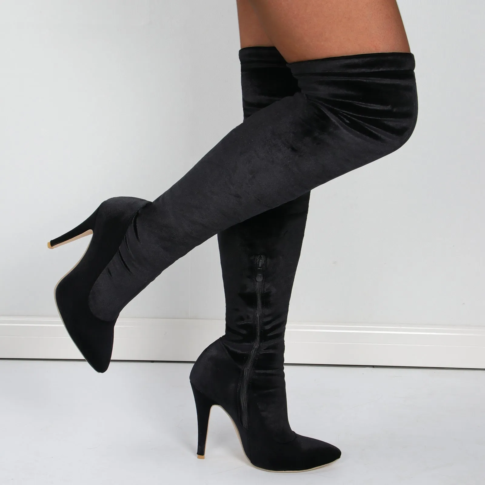 Women faux suede pointed toe stiletto high heel side zipper over the knee boots