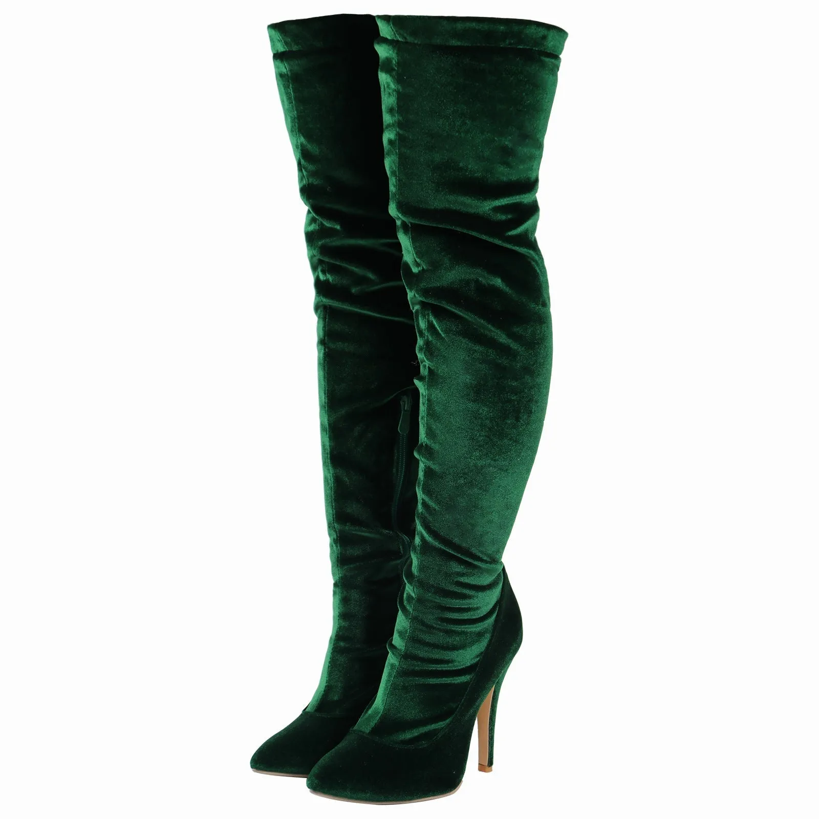 Women faux suede pointed toe stiletto high heel side zipper over the knee boots