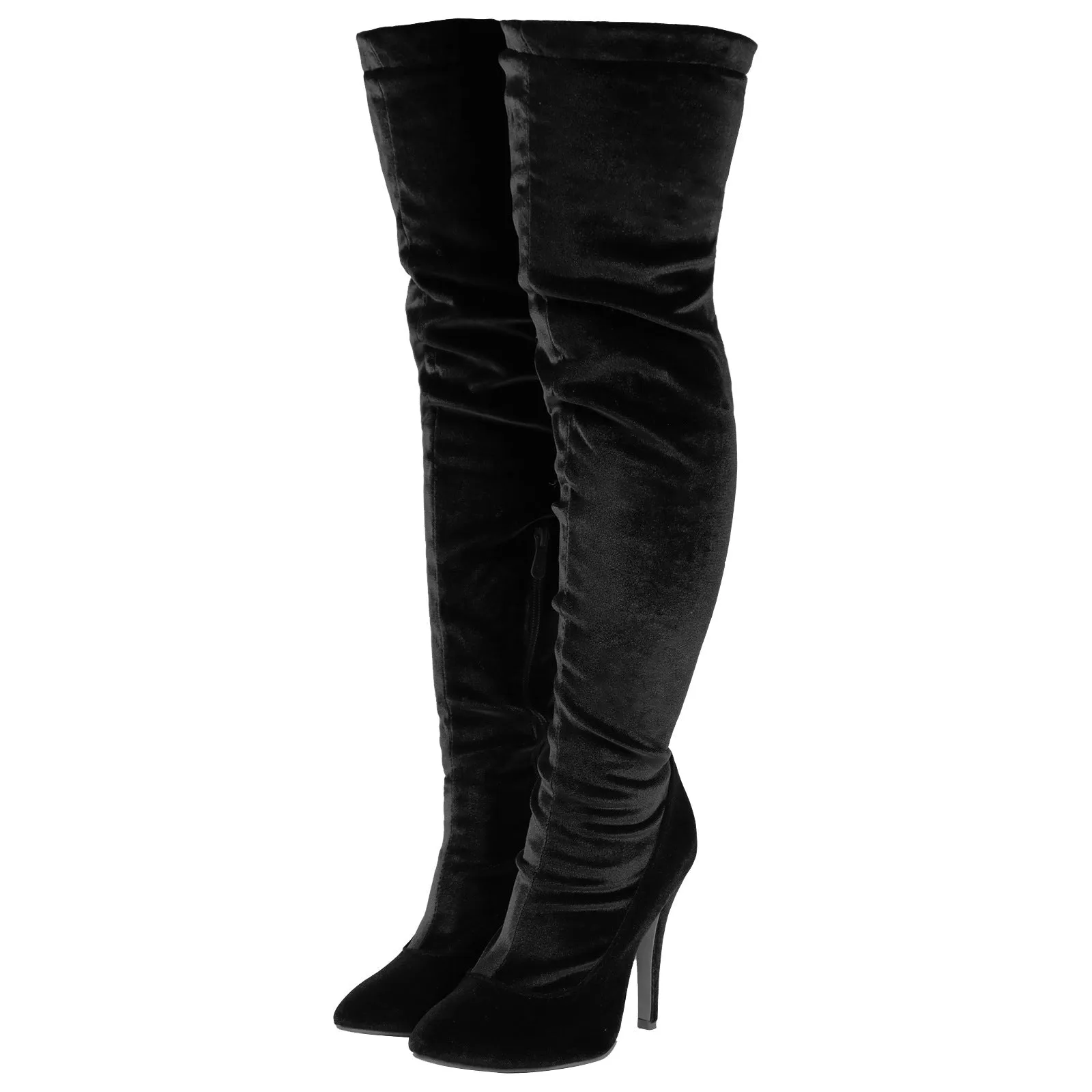 Women faux suede pointed toe stiletto high heel side zipper over the knee boots