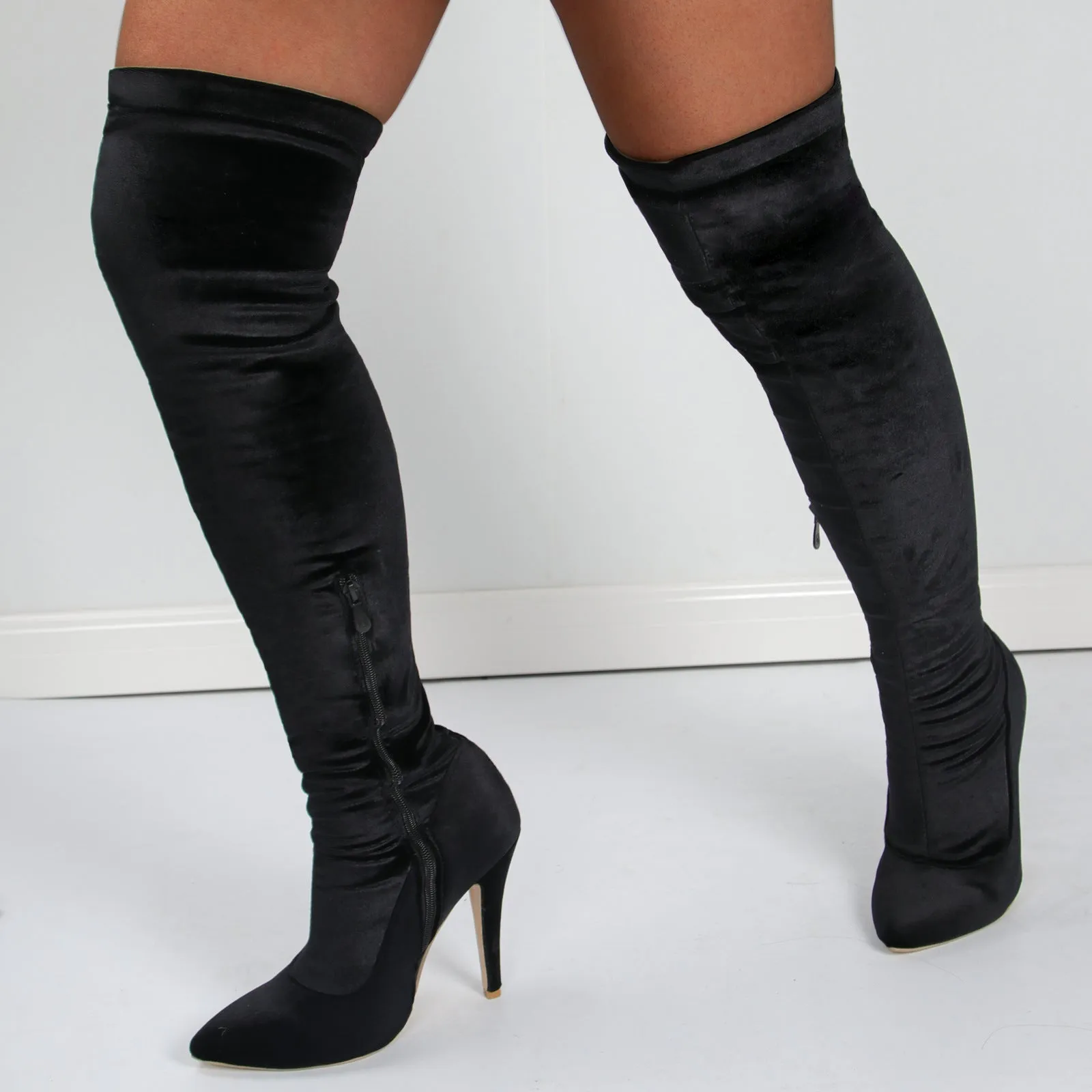 Women faux suede pointed toe stiletto high heel side zipper over the knee boots