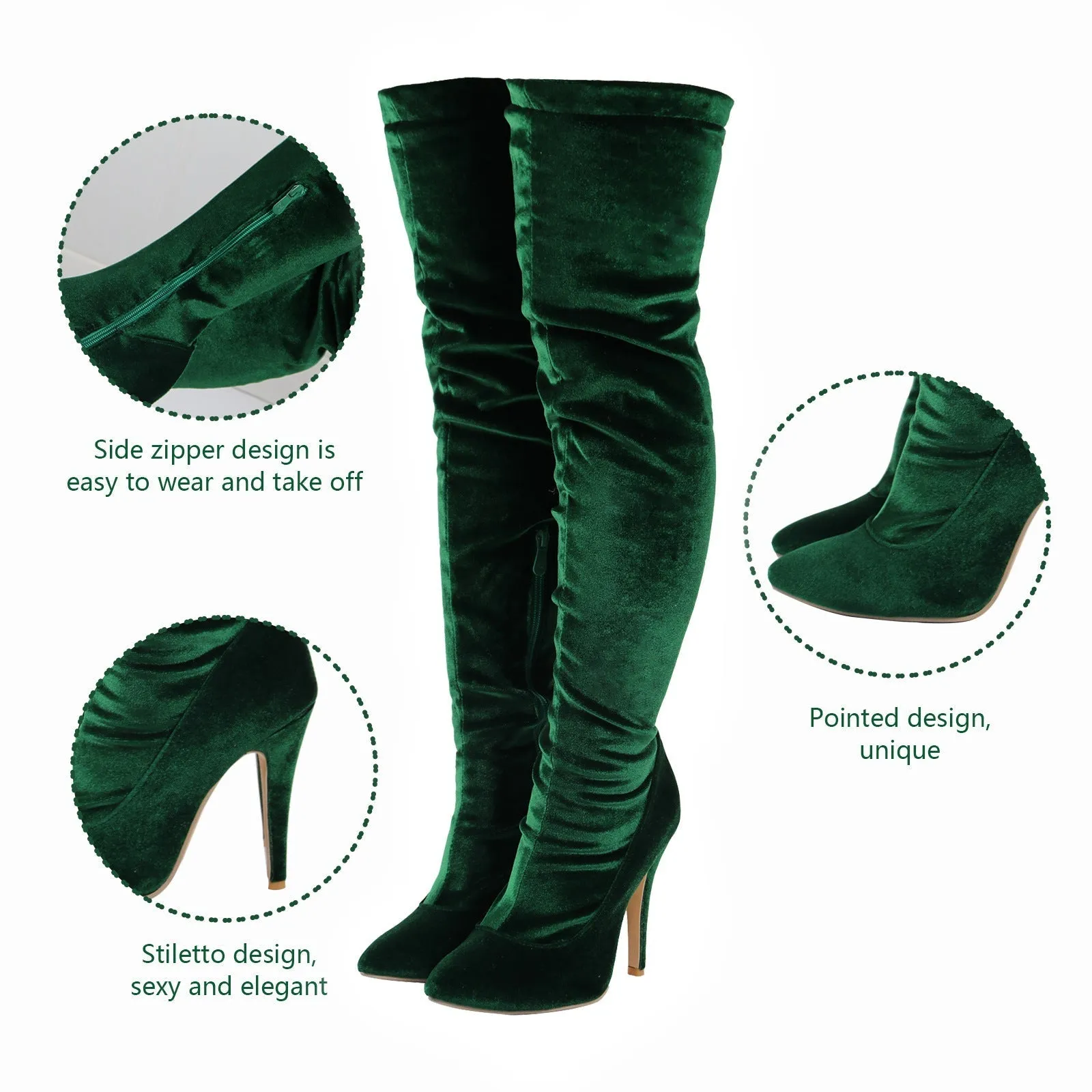 Women faux suede pointed toe stiletto high heel side zipper over the knee boots