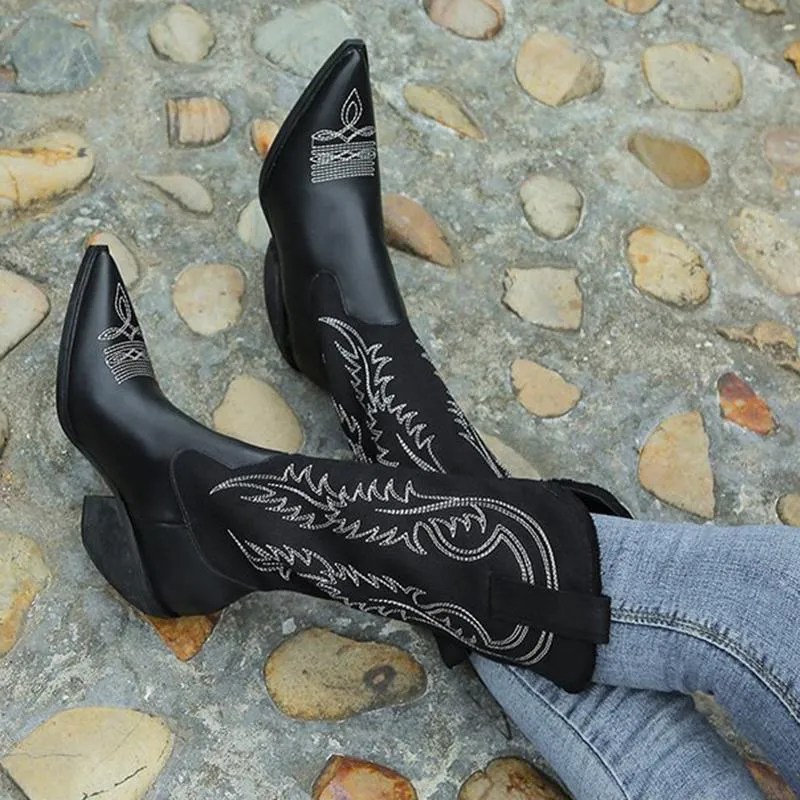 Women New Fashion Embroidery Chunky High Heel Pointed Toe Cowboy Boots