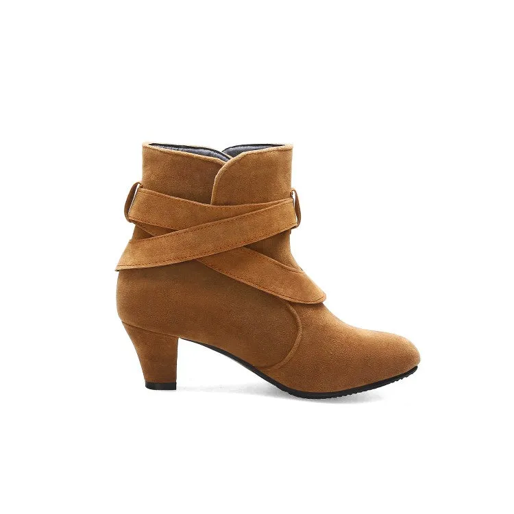 Women's Flock Pointed Toe Double Buckle Straps Puppy Heel Ankle Boots