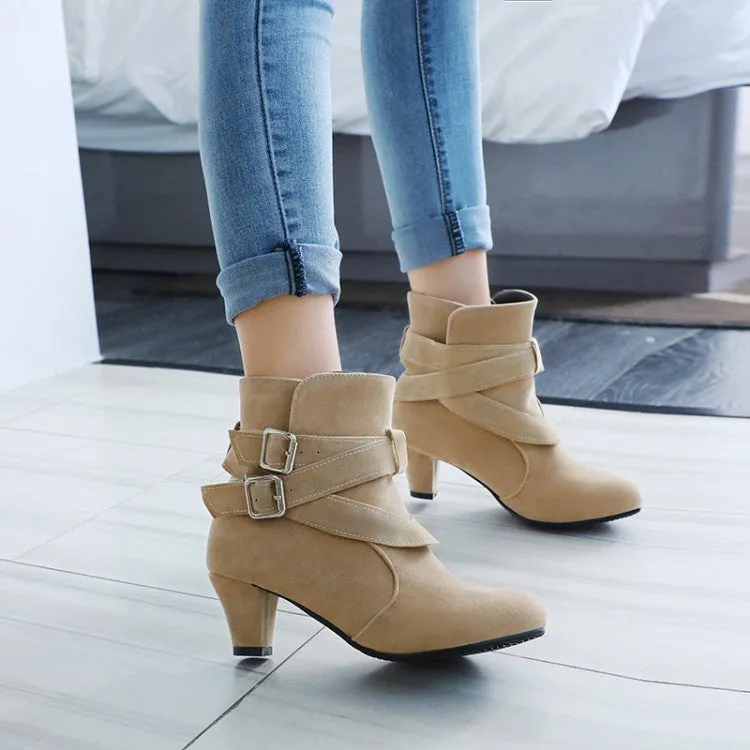 Women's Flock Pointed Toe Double Buckle Straps Puppy Heel Ankle Boots