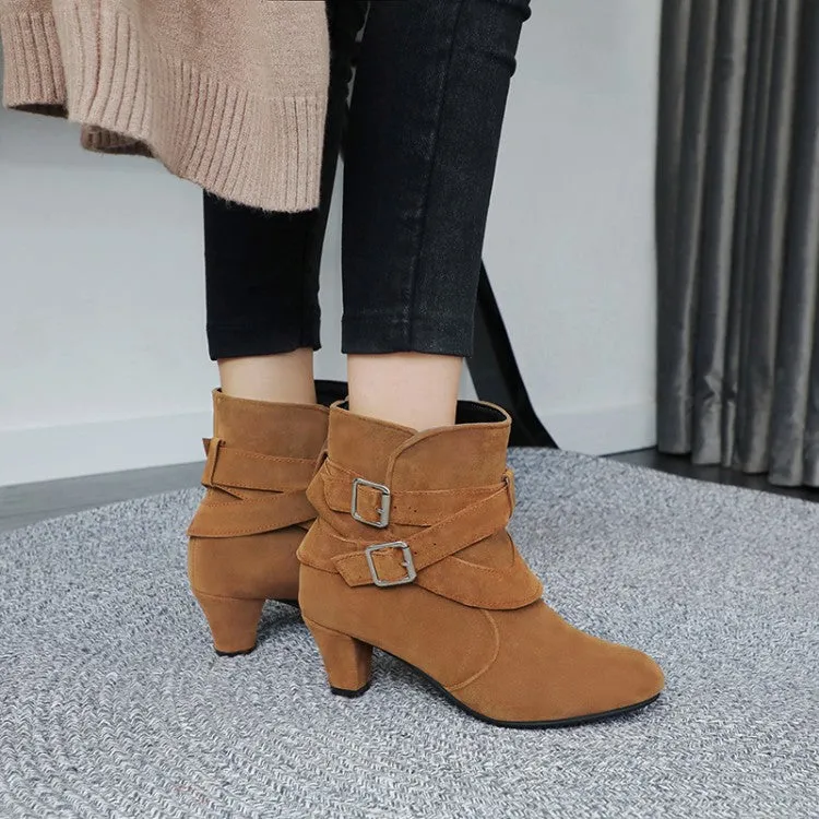 Women's Flock Pointed Toe Double Buckle Straps Puppy Heel Ankle Boots