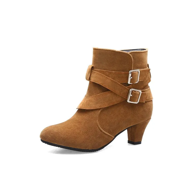 Women's Flock Pointed Toe Double Buckle Straps Puppy Heel Ankle Boots