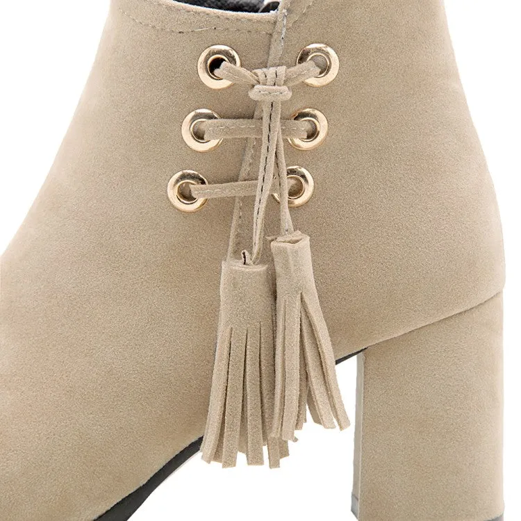 Women's Flock Pointed Toe Straps Tassel Block Heel Short Boots