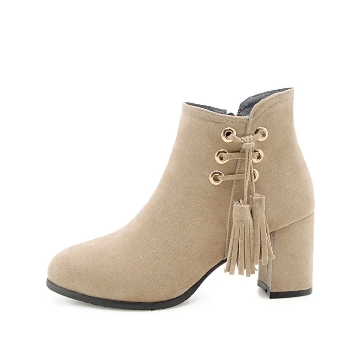 Women's Flock Pointed Toe Straps Tassel Block Heel Short Boots