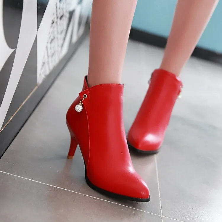 Women's Pu Leather Pointed Toe Rhinestone Kitten Heel Short Boots