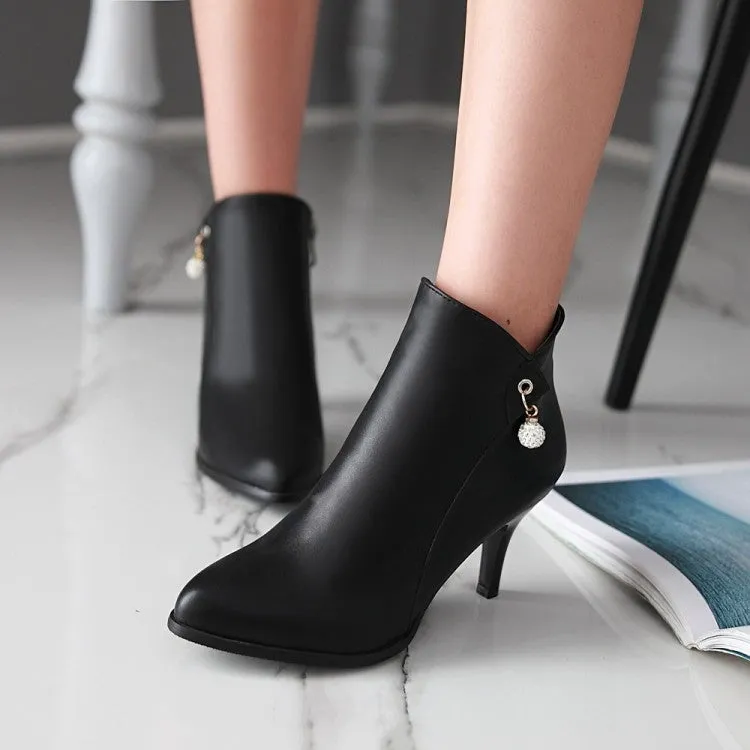 Women's Pu Leather Pointed Toe Rhinestone Kitten Heel Short Boots