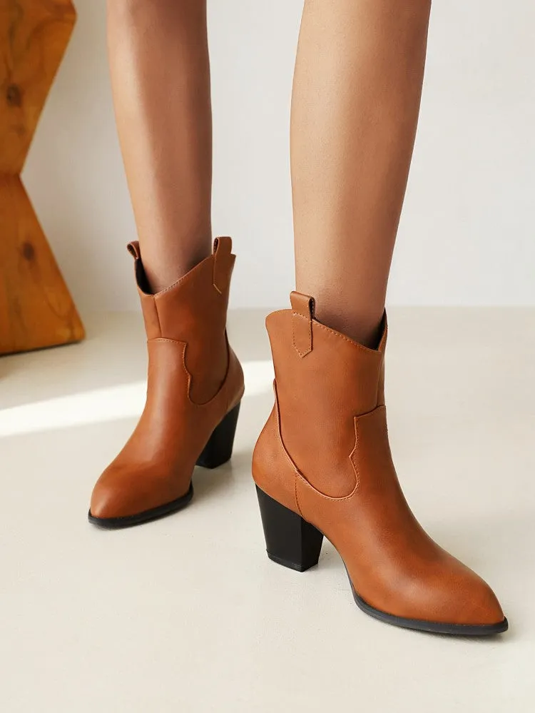 Women's Pu Leather Pointed Toe Stitch Block Chunky Heel Ankle Boots