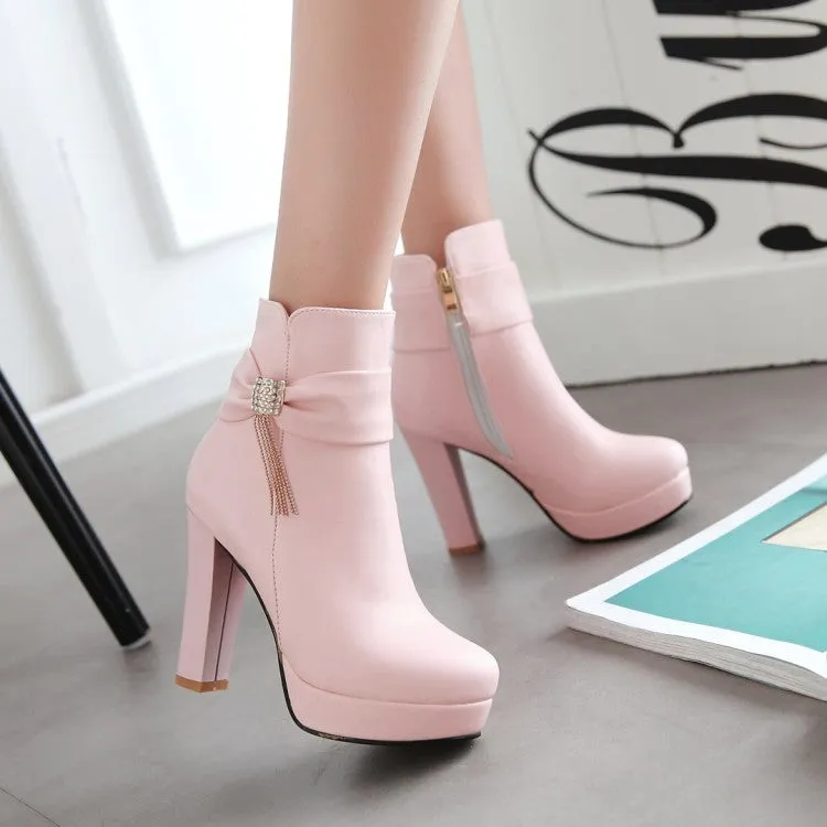 Women's Pu Leather Rhinestone Tassel Chunky Heel Platform Ankle Boots