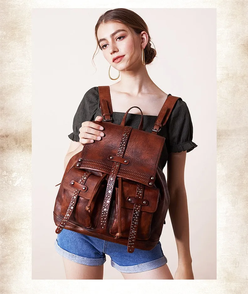 Women's Soft Top Layer Cowhide Handmade Rivet Decor Travel Backpacks