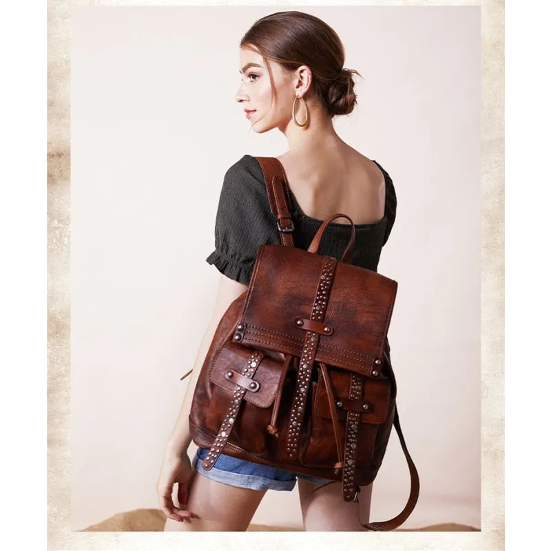 Women's Soft Top Layer Cowhide Handmade Rivet Decor Travel Backpacks