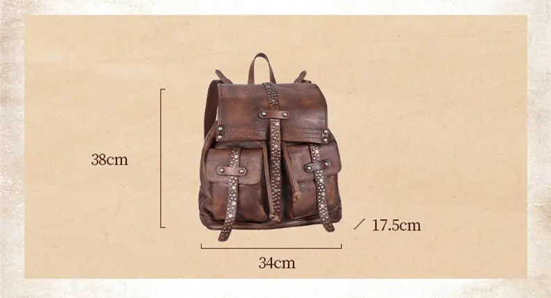 Women's Soft Top Layer Cowhide Handmade Rivet Decor Travel Backpacks