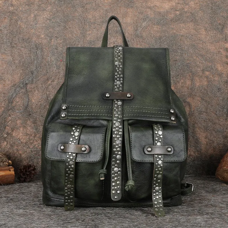 Women's Soft Top Layer Cowhide Handmade Rivet Decor Travel Backpacks