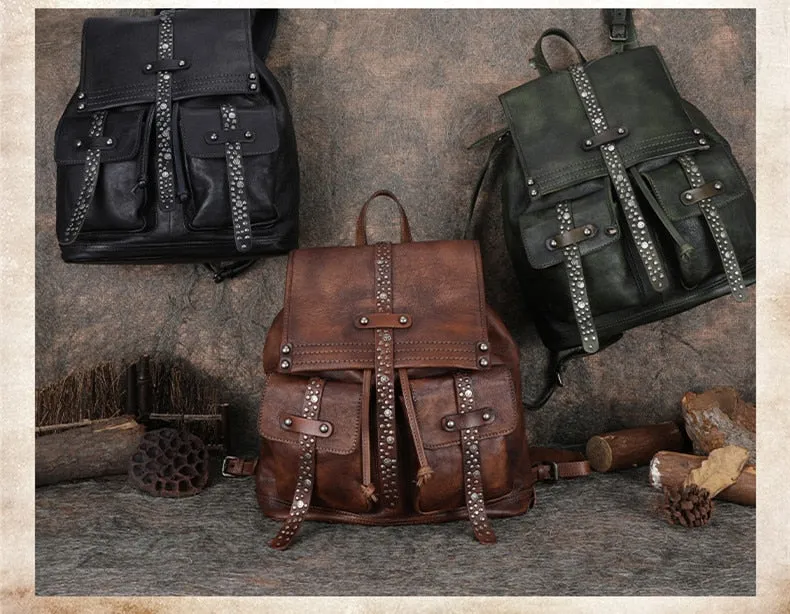 Women's Soft Top Layer Cowhide Handmade Rivet Decor Travel Backpacks