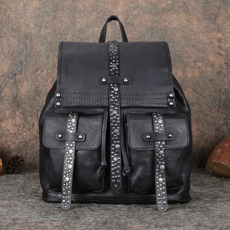 Women's Soft Top Layer Cowhide Handmade Rivet Decor Travel Backpacks