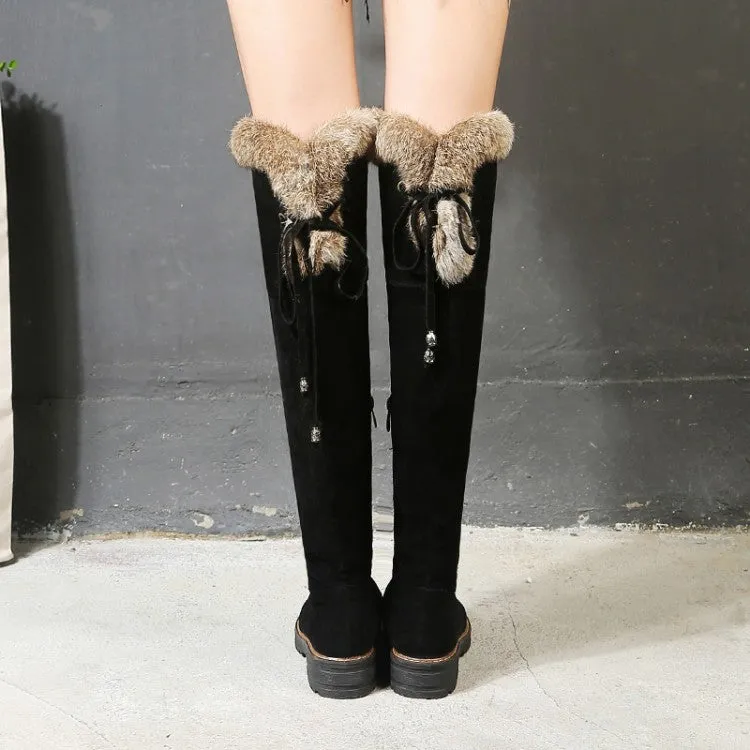 Women's Suede Patchwork Back Tied Fur Low Heel Knee High Boots