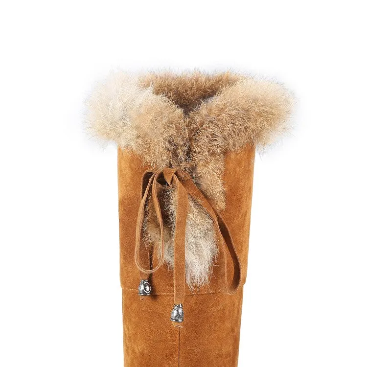 Women's Suede Patchwork Back Tied Fur Low Heel Knee High Boots