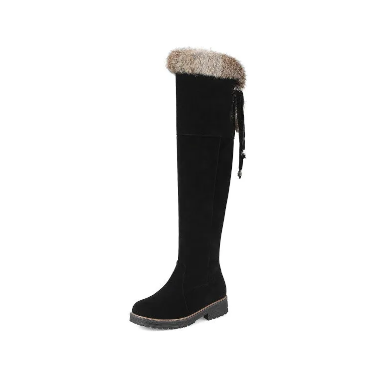 Women's Suede Patchwork Back Tied Fur Low Heel Knee High Boots