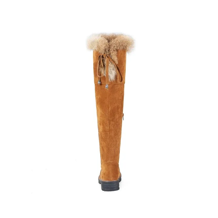 Women's Suede Patchwork Back Tied Fur Low Heel Knee High Boots