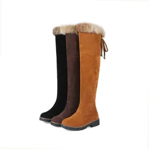 Women's Suede Patchwork Back Tied Fur Low Heel Knee High Boots