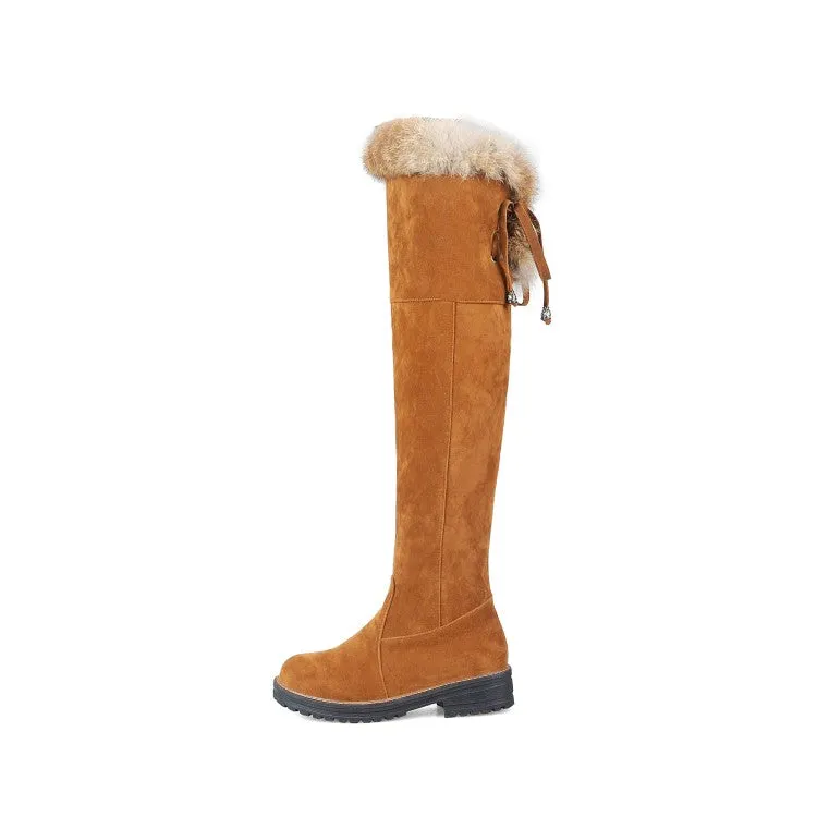 Women's Suede Patchwork Back Tied Fur Low Heel Knee High Boots