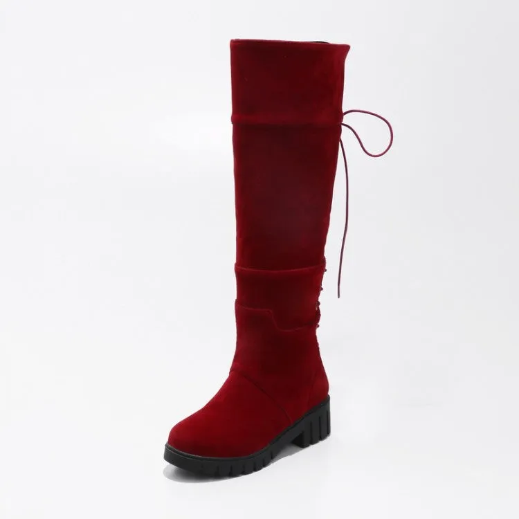 Women's Suede Round Toe Back Tied Lace Up Block Heel Knee High Boots