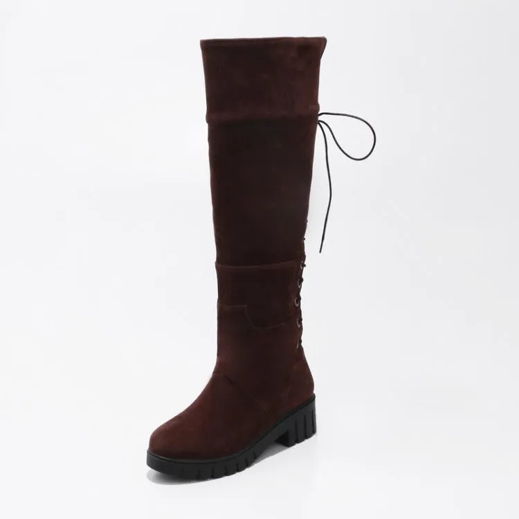 Women's Suede Round Toe Back Tied Lace Up Block Heel Knee High Boots