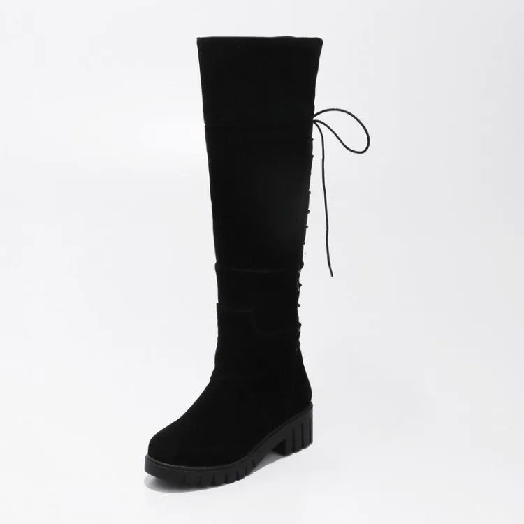 Women's Suede Round Toe Back Tied Lace Up Block Heel Knee High Boots