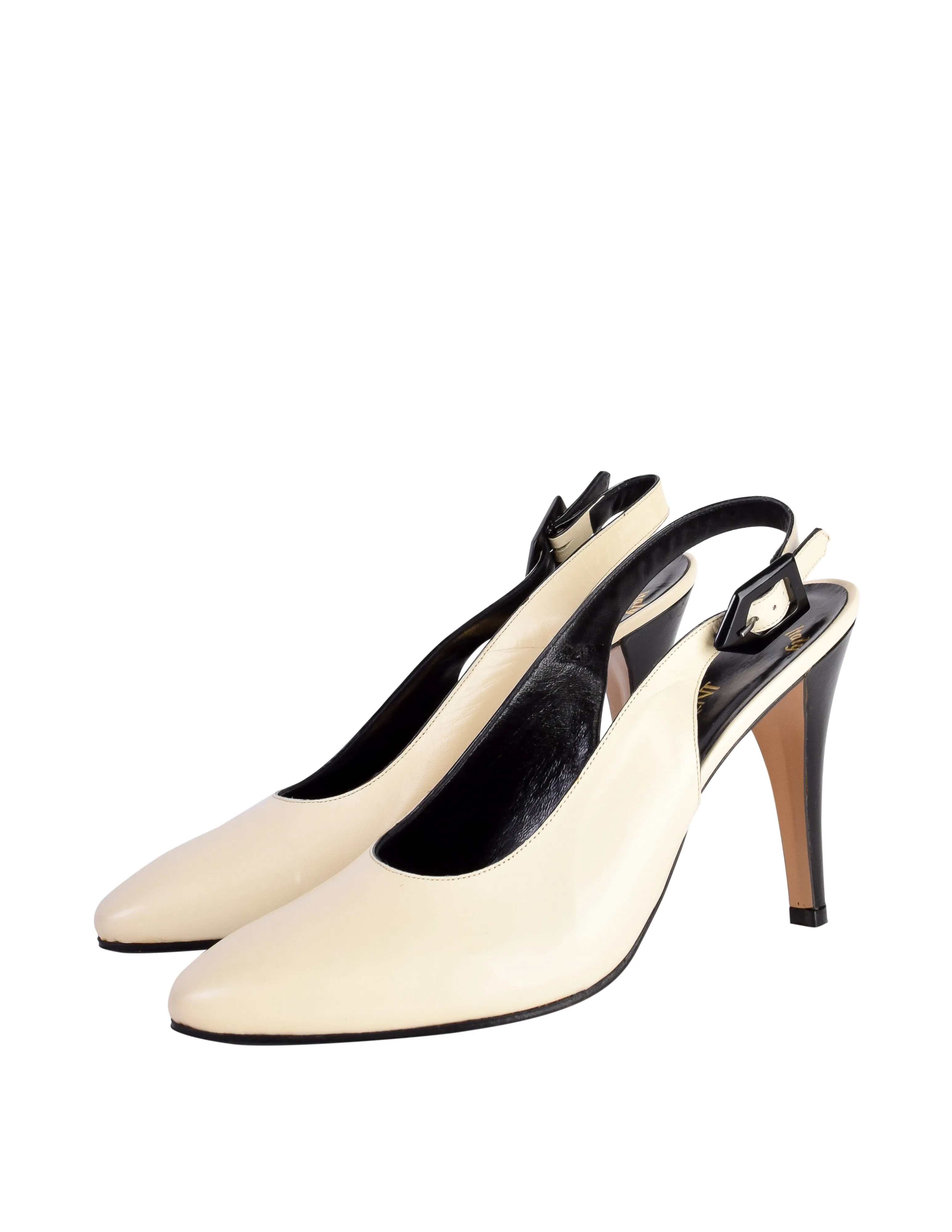 Yves Saint Laurent Vintage Off White Leather Black Patent Leather Slingback Heels